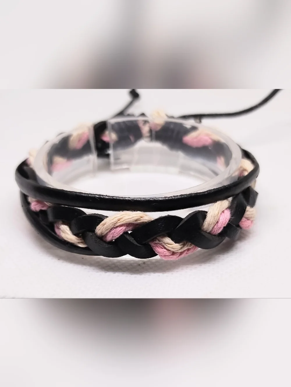 Men's Black Leather Bracelet with Pink and Cream Braid Jewelry G6